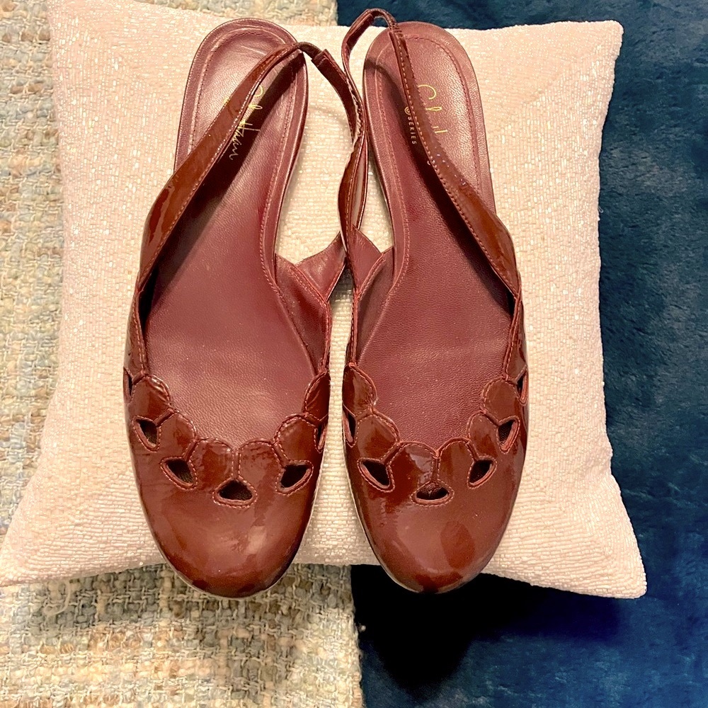 Cole Haan Sling Back Flats are Burgundy Patent Leather Size is 91/2.